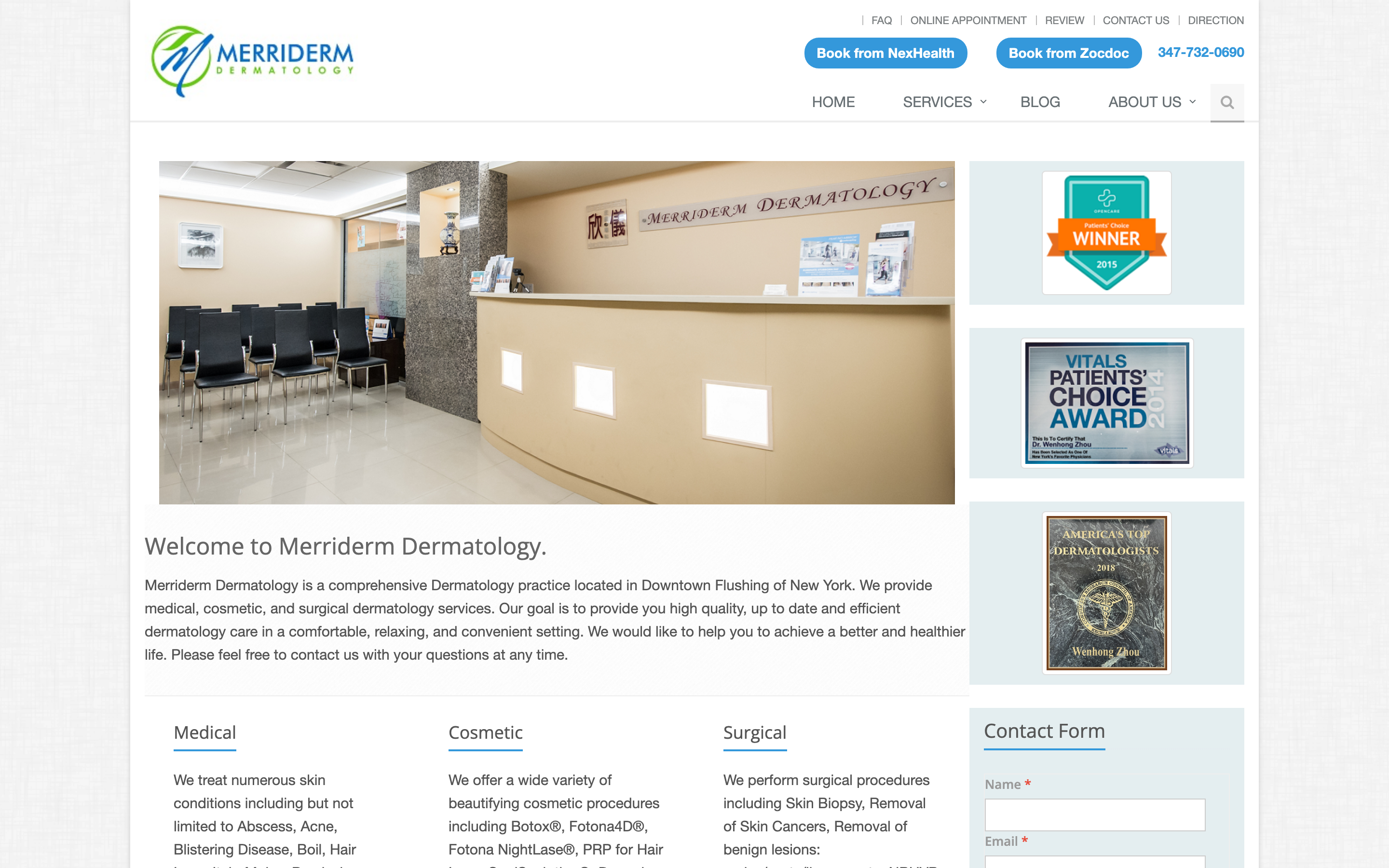 Screenshot of merriderm website